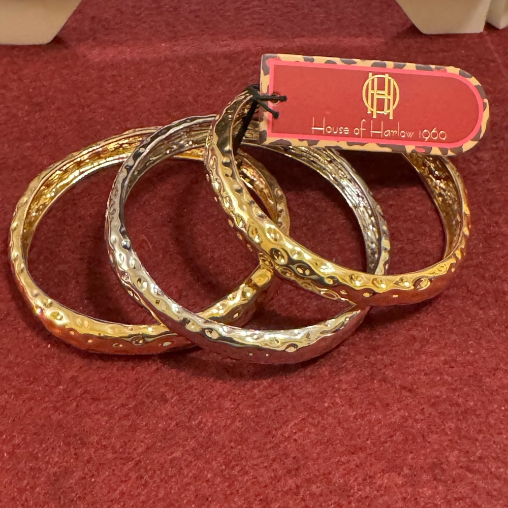 NWT House of Harlow 1960 set of 3 hammered gold & silver tone bangle bracelets